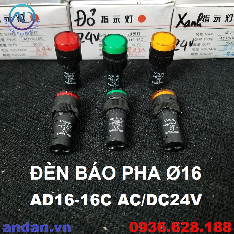 Đèn báo nguồn LED phi 16mm AD16-16C (Đỏ, Vàng, Xanh), Đèn báo pha AC 220V, AC/DC 24V