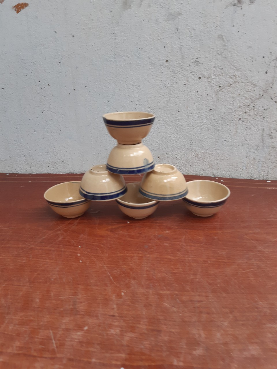 10 chén chấm viền xanh, chén bánh bò bằng sành loại 2