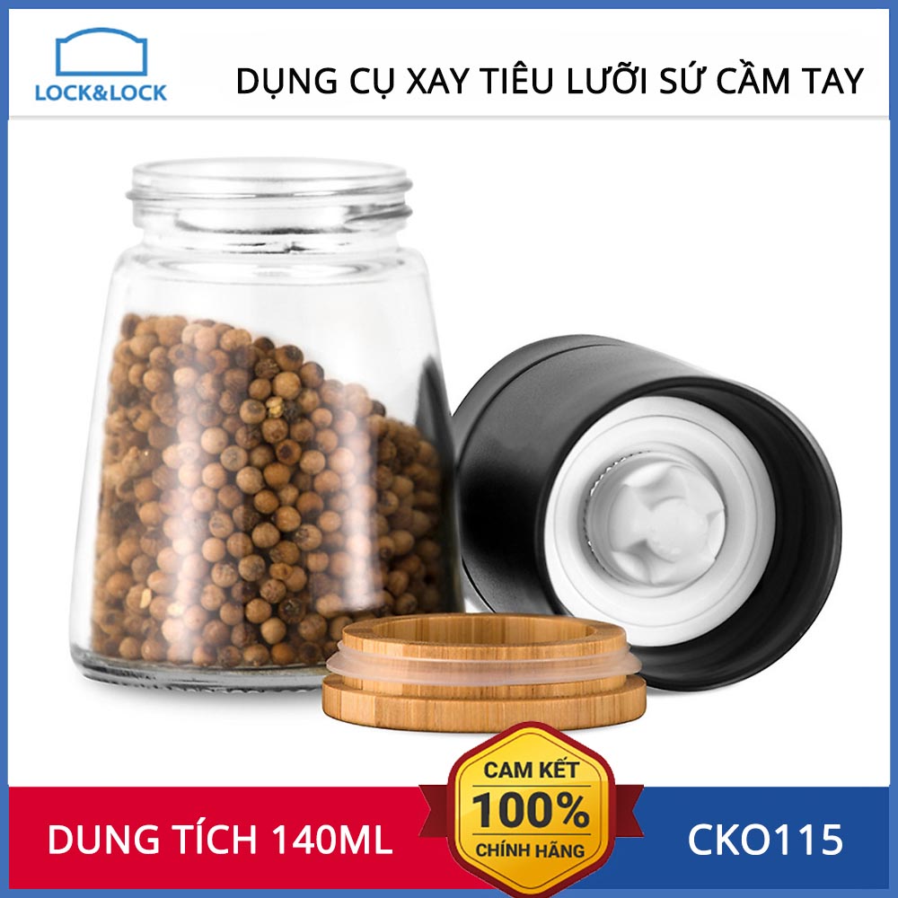 Dung cụ xay tiêu thủy tinh lưỡi sứ cầm tay 140ml Lock&Lock CKO115 nắp gỗ - Hàng chính hãng
