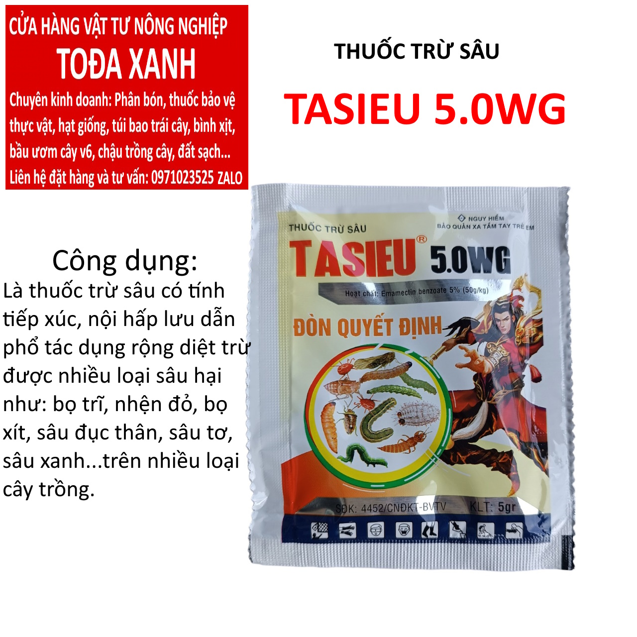 Tasieu 5wg gói 5gram, chuyên trừ bọ trĩ, nhện đỏ, sâu đục thân, bọ xít, sâu tơ, sâu xanh...