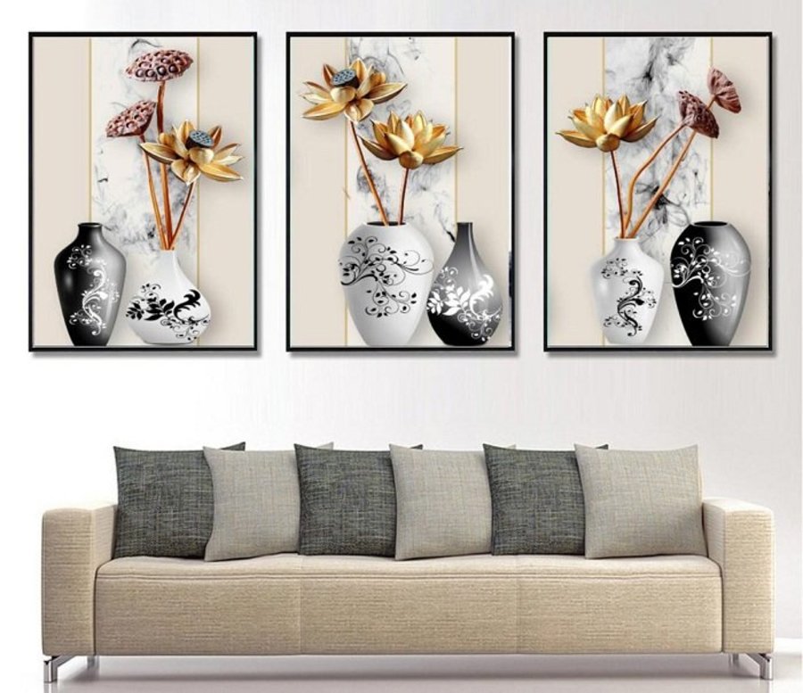 LaLaShop - Bộ 3 tấm tranh treo tường phòng khách tranh hoa sen phật treo tường có khung gỗ set 3 tấm tranh treo tường treo phòng thờ decor phòng khách tranh 3d hiện đại