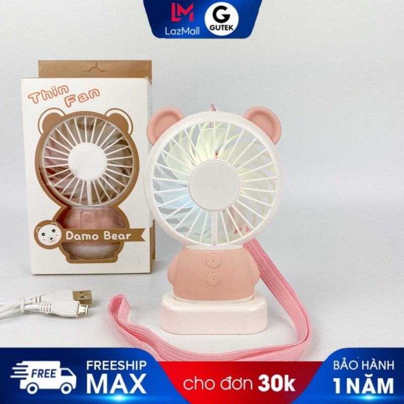 Quạt Cầm Tay Mini GUTEK ZW2802, Có 2 Loại Tai Thỏ, Tai Gấu Nhỏ Gọn 2 Tốc Độ Gió Kèm Chân Để Bàn Có Dây Đeo Cổ Tích Hợp Đèn Led Đổi Màu, Sạc Tích Điện, Nhiều Màu Sắc