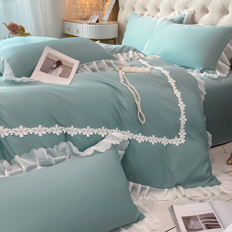 (❤GIÁ CỰC RẺ ) Bộ Vỏ Chăn Ga Gối Phi Lụa Phối Viền Bèo Ren Nhập Khẩu Set 4 Món
