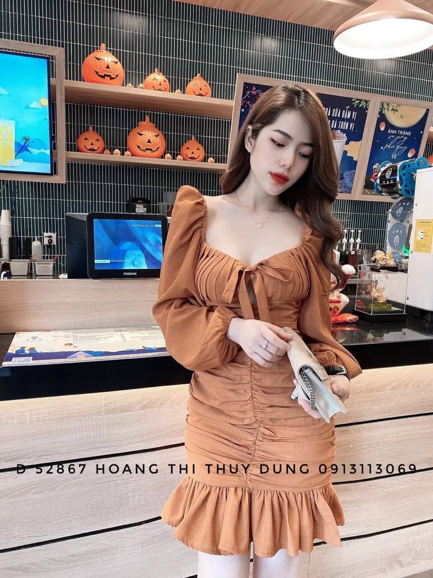 Đầm trễ vai thắt nơ trước ngực nhúm đuôi cá dễ thương MTB