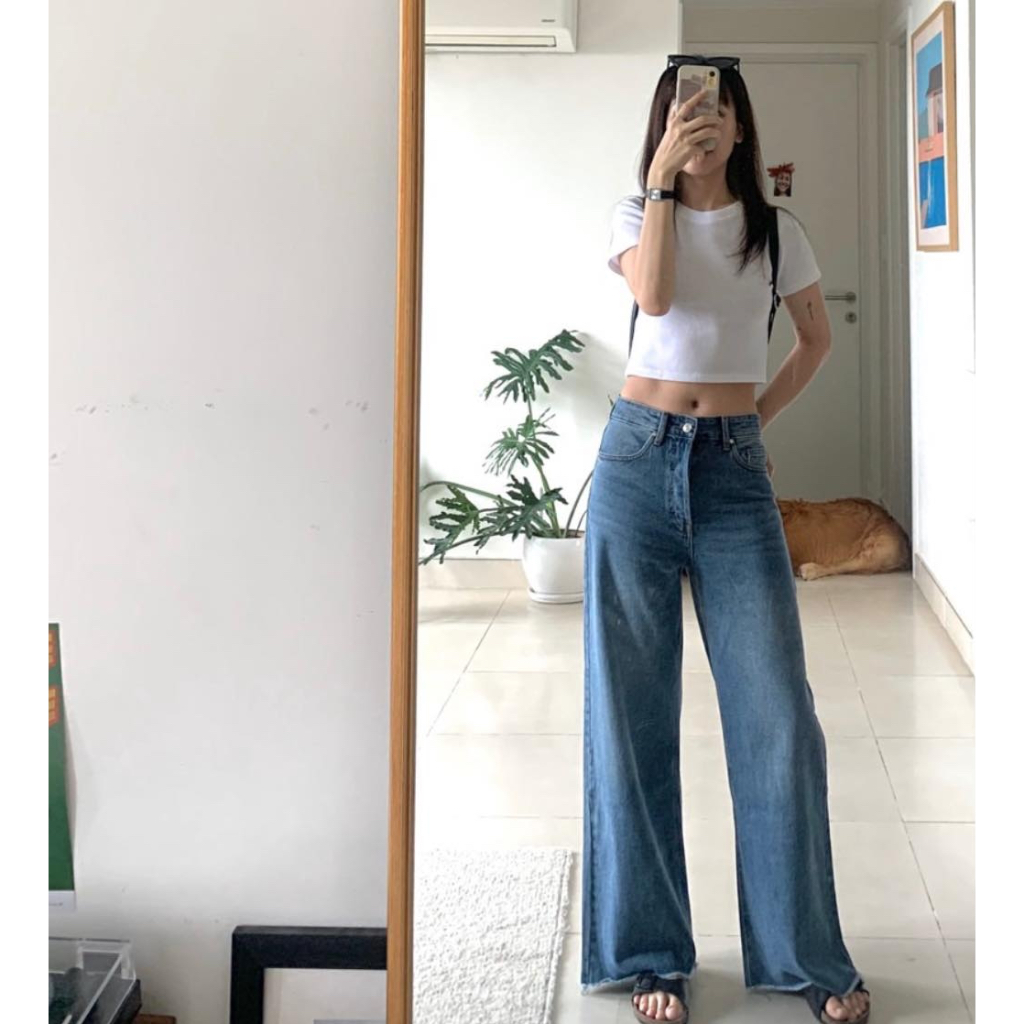 TheBlueTshirt - Quần jeans ống rộng nữ rách tua lai có nhiều màu - City Wide Leg Jeans