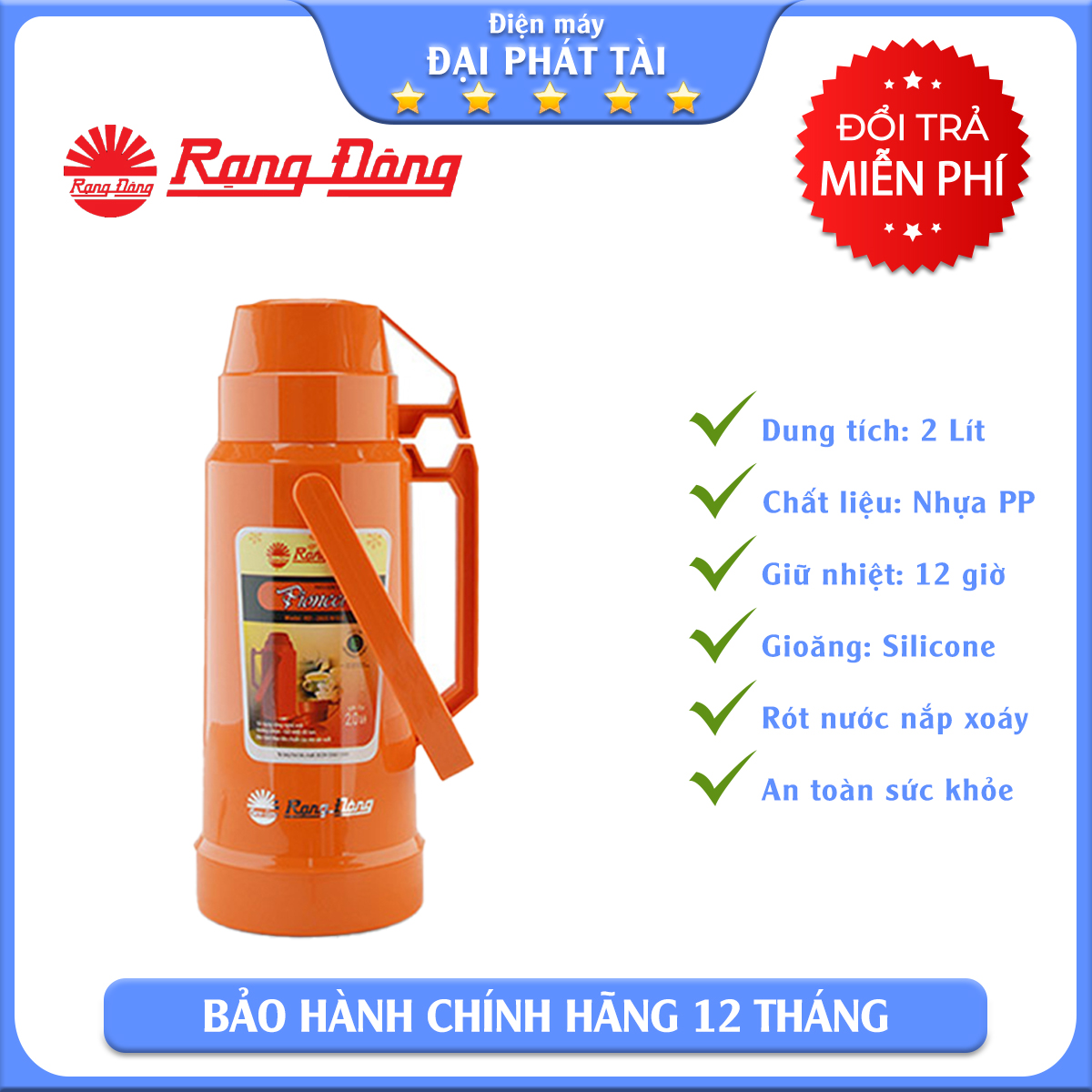 CHỈ GIAO Ở TP HCM Phích nước Rạng Đông 2 Lít RD 2035 N10.E (cam)