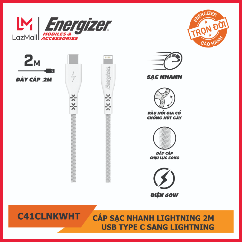 Cáp Type C 2.0 to Lightning Energizer 2 mét màu trắng - C41CLNKWHT - Bảo hành trọn đời. Hàng chính hãng
