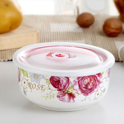 Bộ Thố Sứ Có Nắp Hút Chân Không Cao Cấp (Mẫu Ngẫu Nhiên) - Dày Dặn, Có Nắp Silicon Chống Trào, Đổ. Dùng Được Cho Lò Vi Sóng