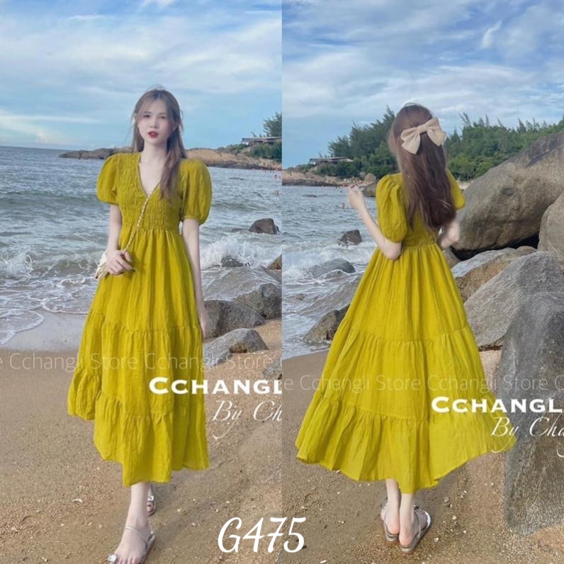 Đầm xoè tay búp ngắn nhúng ngực phom dáng dài xếp tầng G475