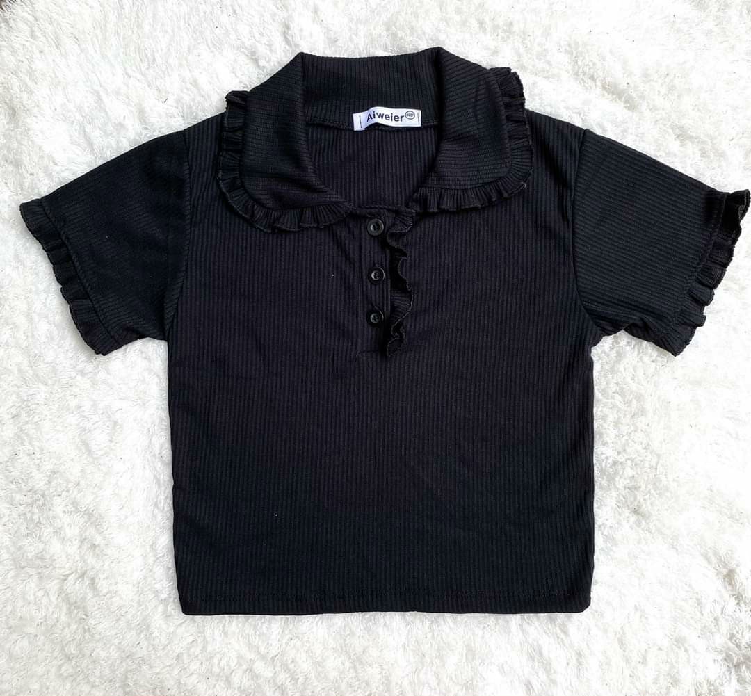 Áo croptop cổ bẻ viền bèo