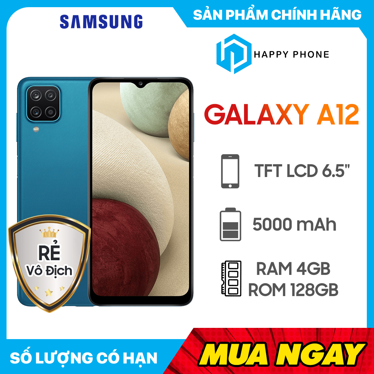 [VOUCHER 70K][Trả góp 0%] Điện Thoại Samsung Galaxy A12 (4GB/128GB) - Hàng Chính Hãng, Mới 100%, Nguyên seal | Bảo hành 12 tháng