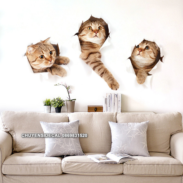 Decal trang trí tường - 3 Con Mèo 3D siêu phá