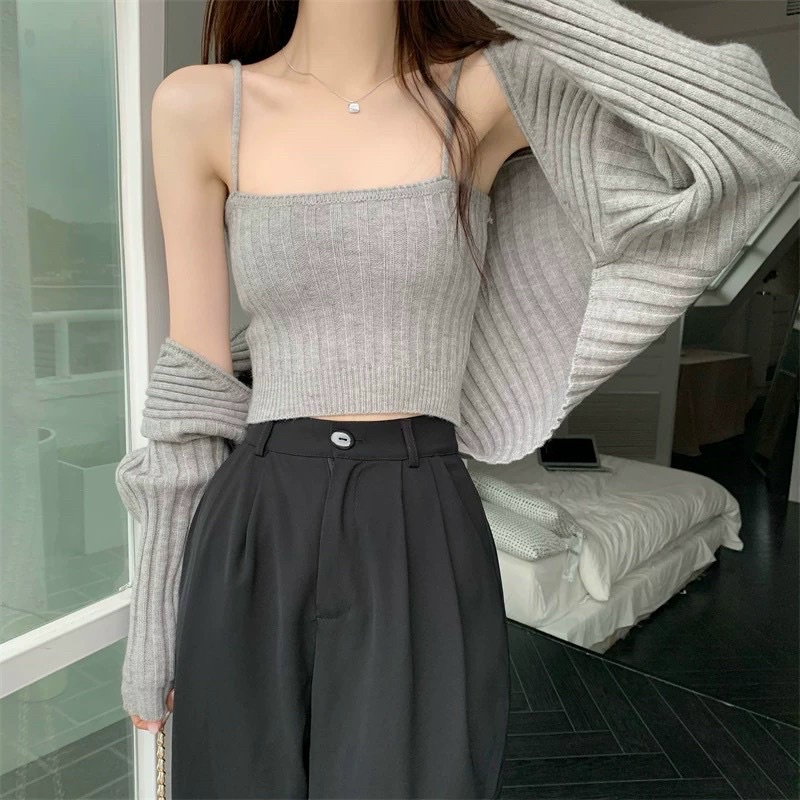 [ MỚI VỀ]-Set áo len gân gồm áo choàng lửng và áo 2 dây QC