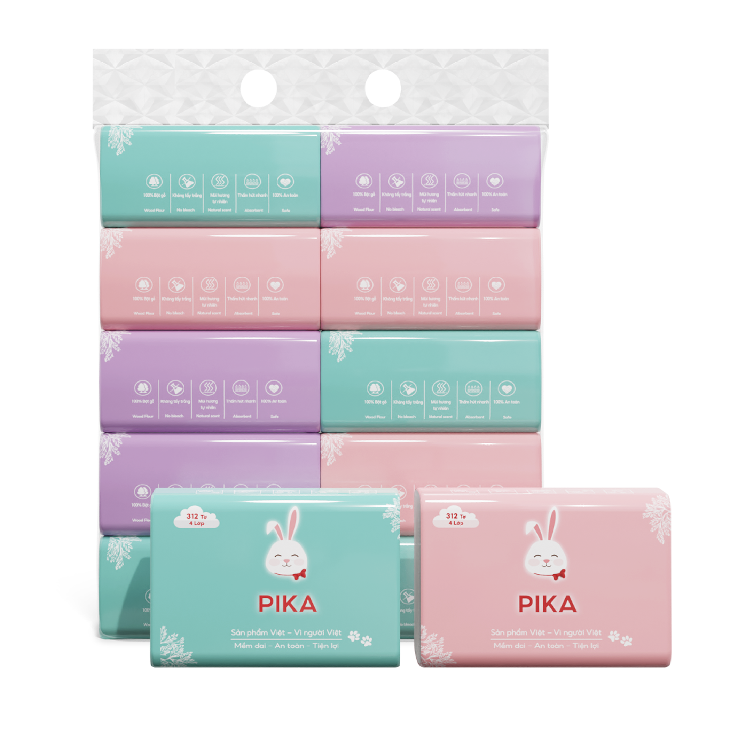 Bịch giấy ăn pika 10 gói cao cấp | giấy ăn rút pika - trắng - mềm mịn - dai - an toàn