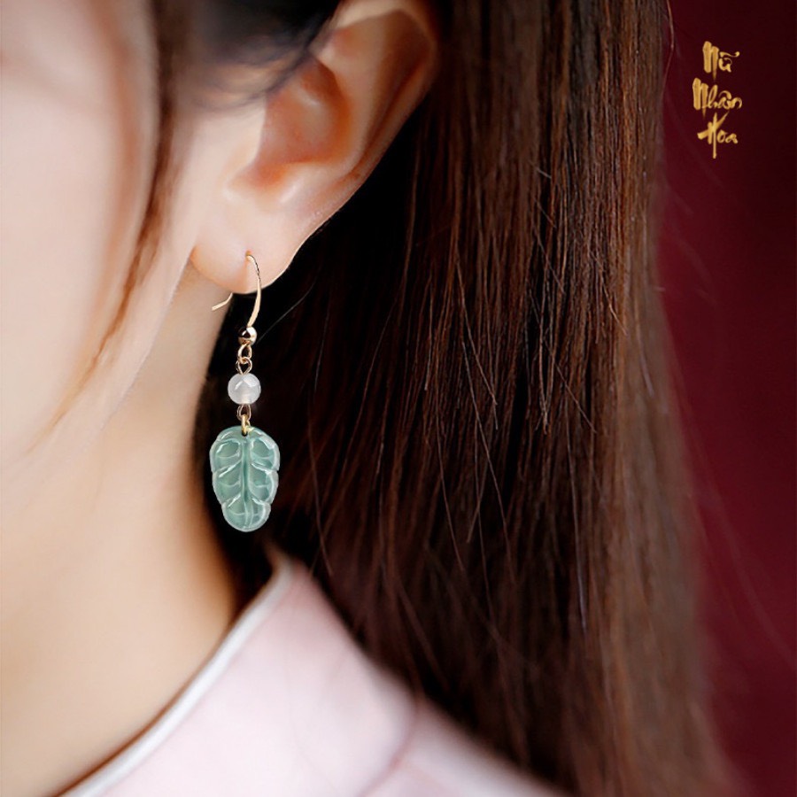 BT251 Bông Tai Ngọc Phỉ Thuý Hình Chiếc Lá