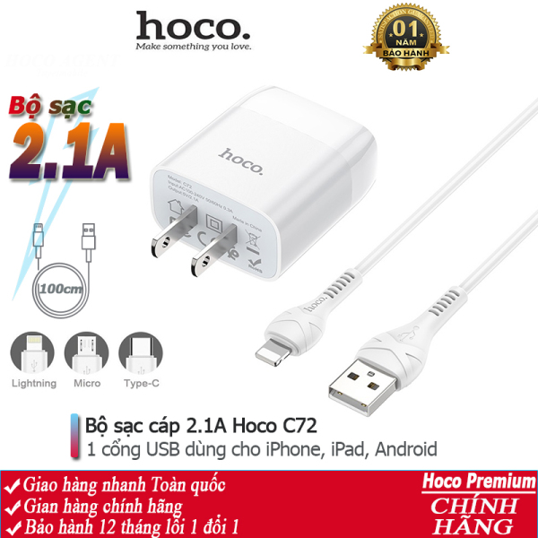 Bộ sạc cáp Hoco C72 cổng USB 2.1A đầu Lightning, Micro, Type-C dây dài 1m - Chính hãng