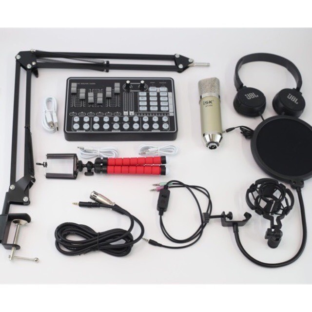 Bộ Combo thu âm livestream đầy đủ Mic isk At350-card H9 kèm chân kẹp màng lọc dây live stream 3 màu tặng tai phone