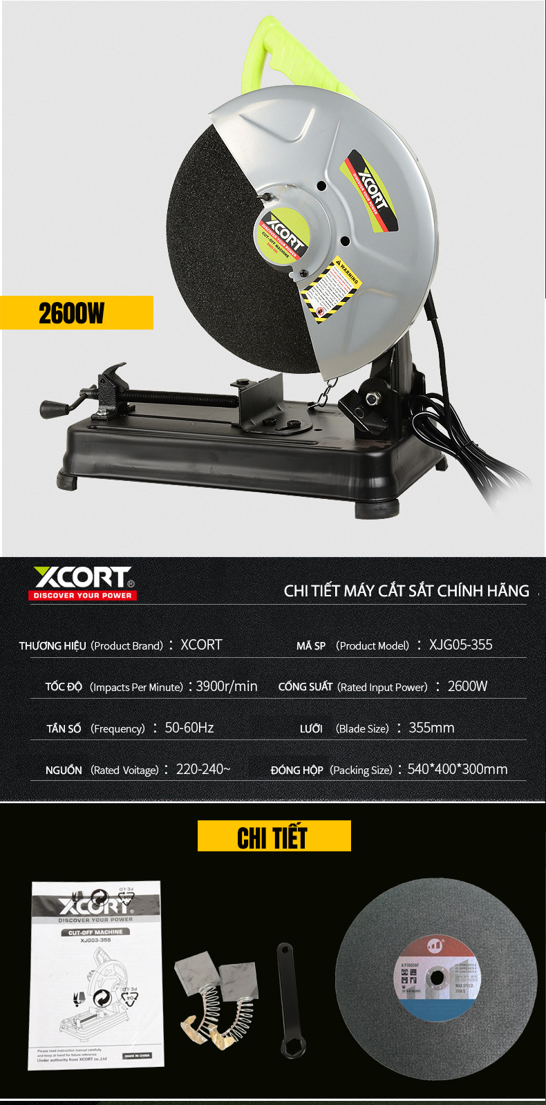 MÁY CẮT SẮT-MÁY CẮT SẮT 2600W-355MM XCORT-MÁY KHỎE