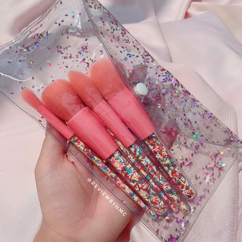 Bộ cọ trang điểm Sprinkles hồng 5 cây phủ cốm màu ( Cọ kẹo)