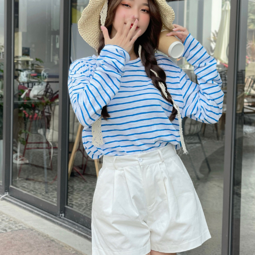 Áo thun nữ tay dài SỌC phom rộng chất xược cotton mền mát ANHSTORE , áo tay dài thun giấy nhẹ mát phom rộng Hàn Quốc