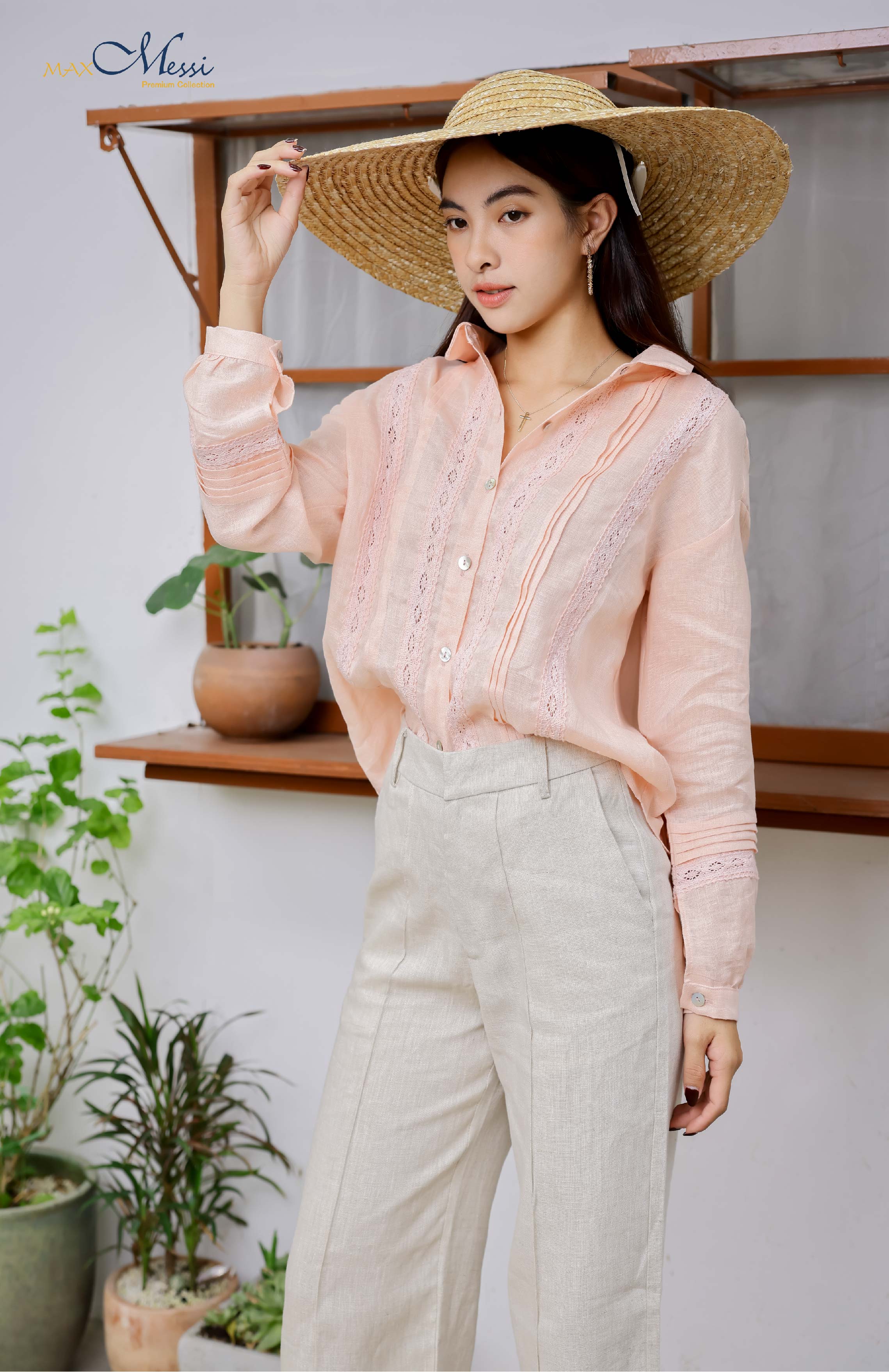 Áo sơ mi linen phối crochet CIRA - MaxMessi