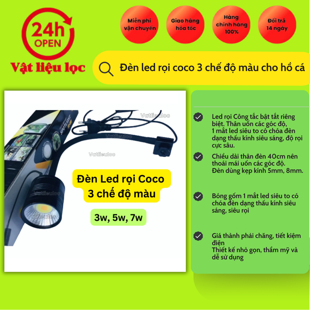 Đèn Led Rọi Coco 3 Chế Độ Màu Cho Bể Cá