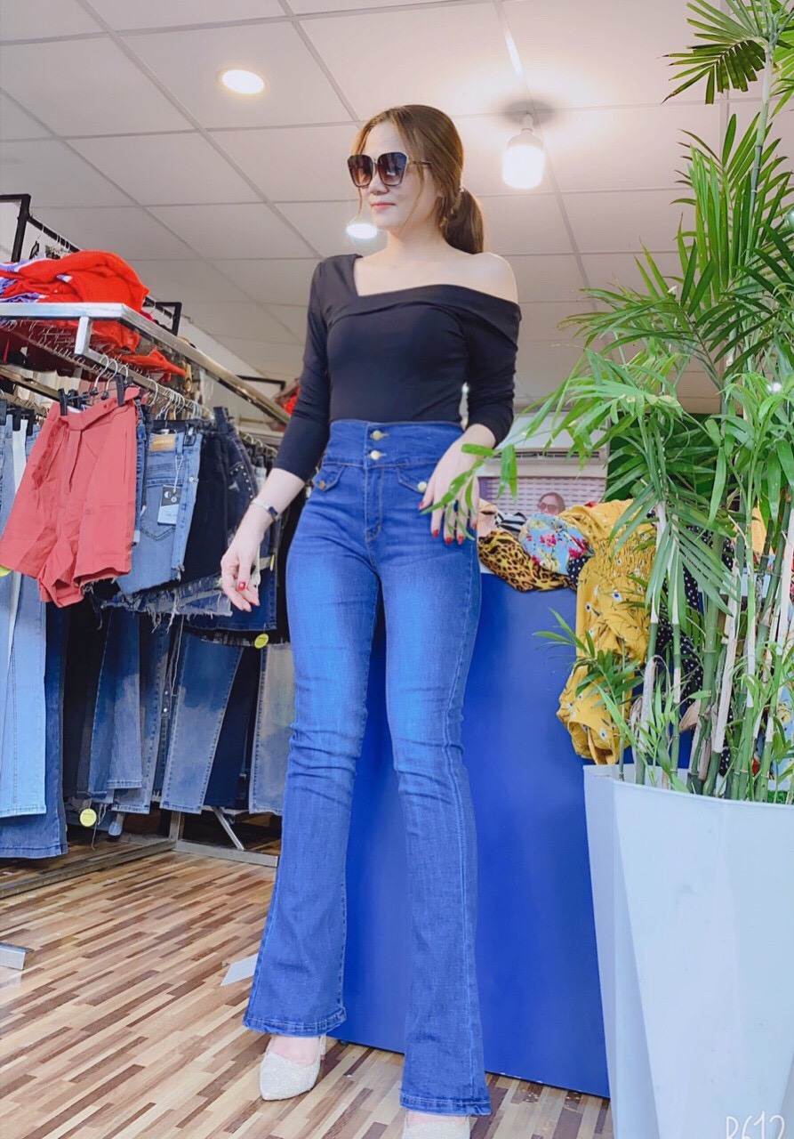 [HCM]Quần jean nữ ống bass xanh lưng cao 2 nút túi kiểu phom chuẩn kèm hình thật