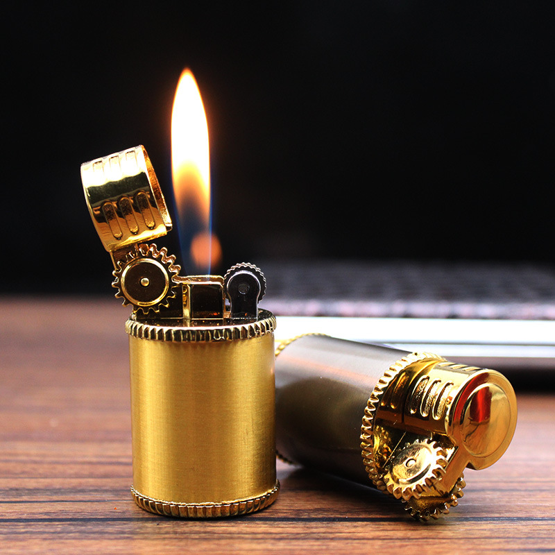Bật Lửa Cối Gas Đá Cổ Điển Trụ Mini ( Kim Loại - Có Chắn Gió )