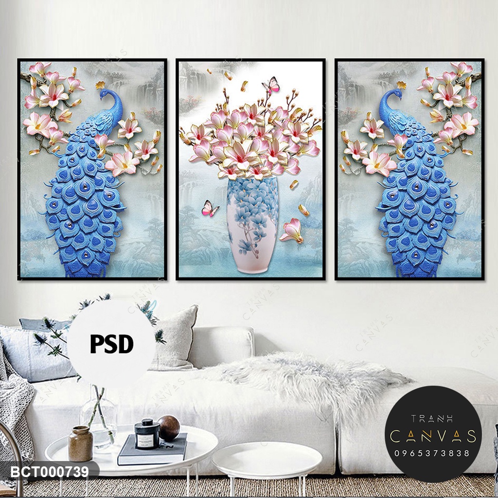 Tranh Canvas Bộ 3 Tấm Chim Công