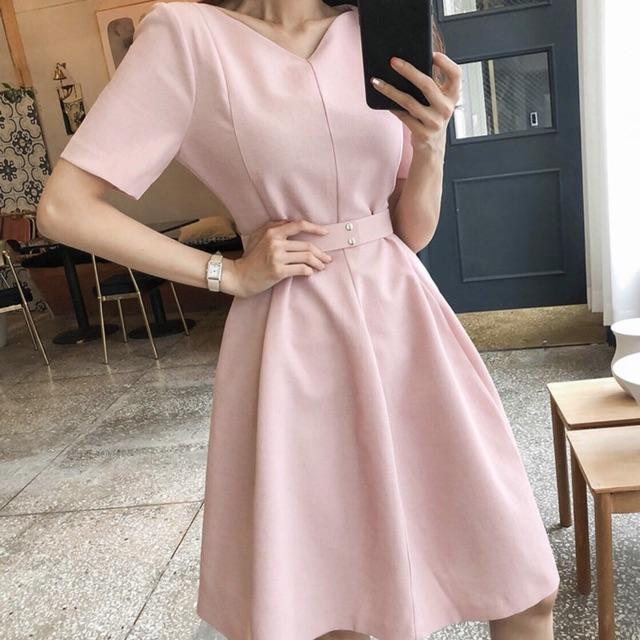 [HCM]Đầm cổ V kèm belt 2 màu