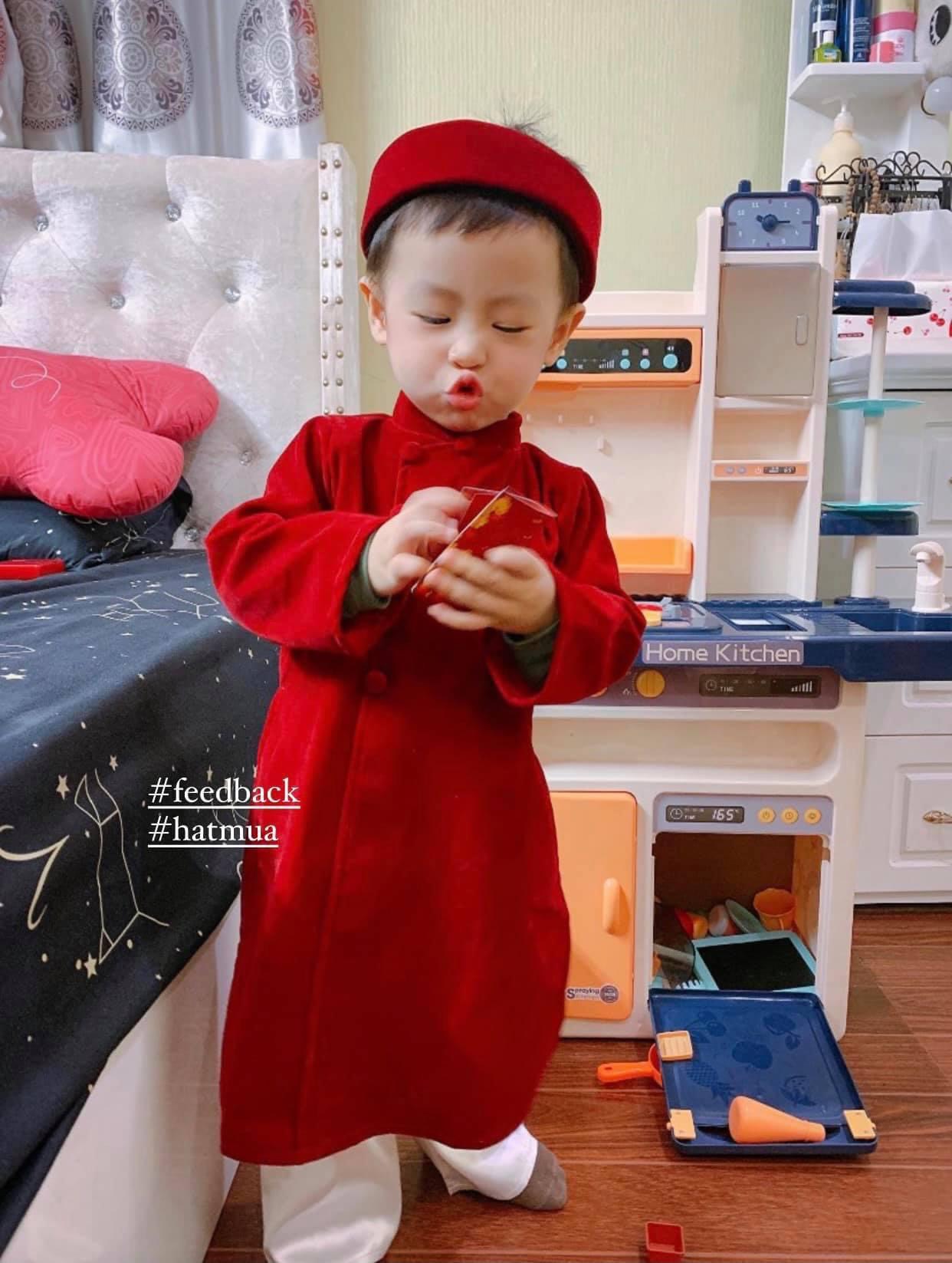 Set áo dài nhung Phú Quý màu đỏ đô cho bé trai (kèm quần lụa trắng và mấn)