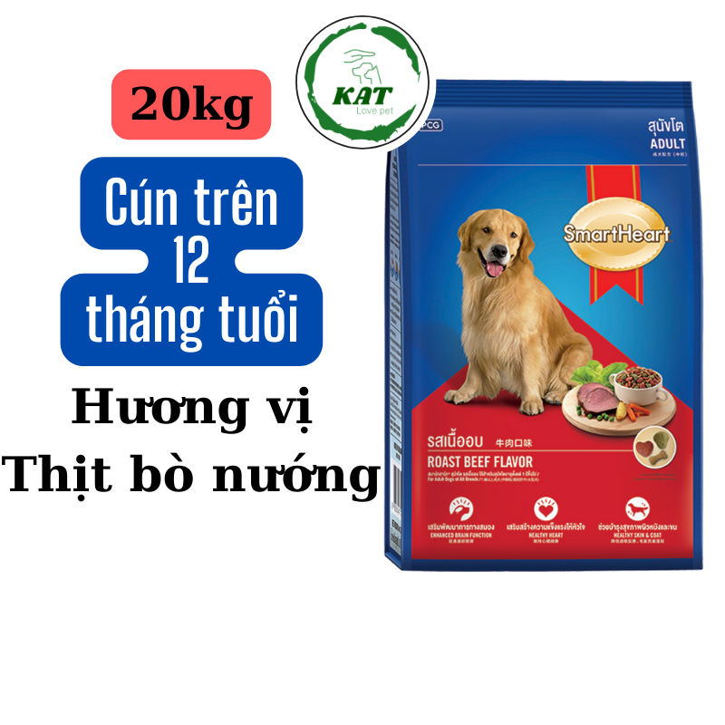 Thức ăn hạt cho chó trưởng thành smartheart adult vị thịt bò nướng - bao xá 20kg - kat love pets