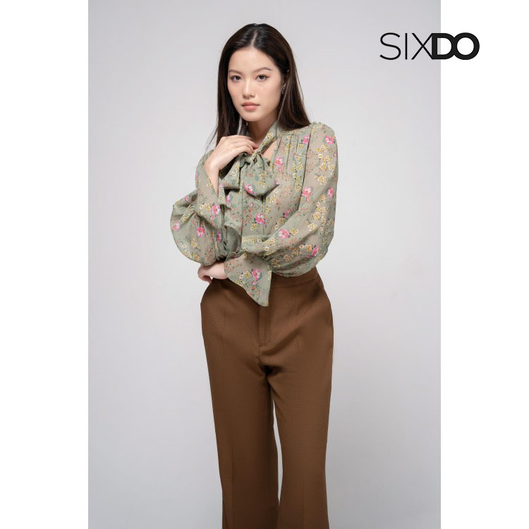 Áo sơ mi nữ voan tay phồng thời trang SIXDO (Olive Floral Voile Shirt)