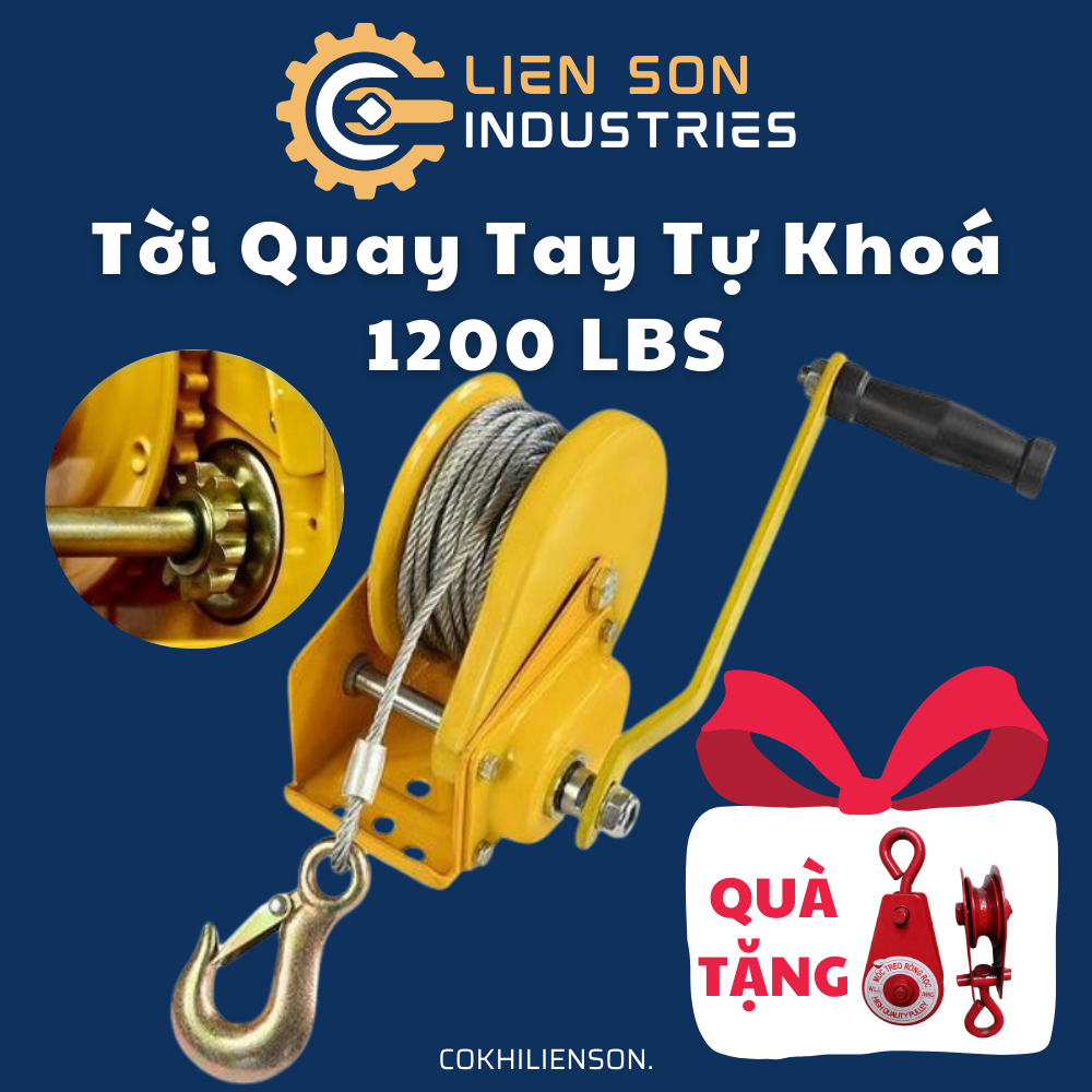 Tời quay tay tự khóa 1200LBS tải trọng 545KG, cáp 4 ly dài 10m, 20m, tời quay tay tự khóa 2600LBS cáp 6ly dài 20m- Cơ Khí Liên Sơn