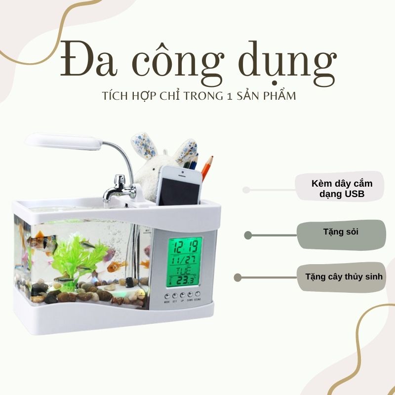 Bể Cá-[Bể cá+Đồng Hồ + Đèn Bàn + Sỏi, Cây Thủy Sinh]-Bể cá mini-Bể cá để bàn-hồ cá