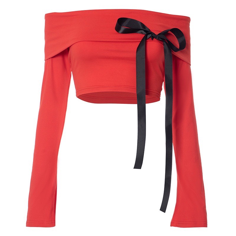 Áo croptop tay dài trễ vai cột dây nơ 3A20