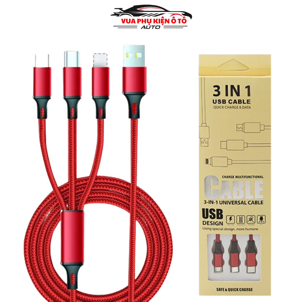 Dây sạc 3 đầu type c, lightning, micro usb siêu bền tích hợp công nghệ