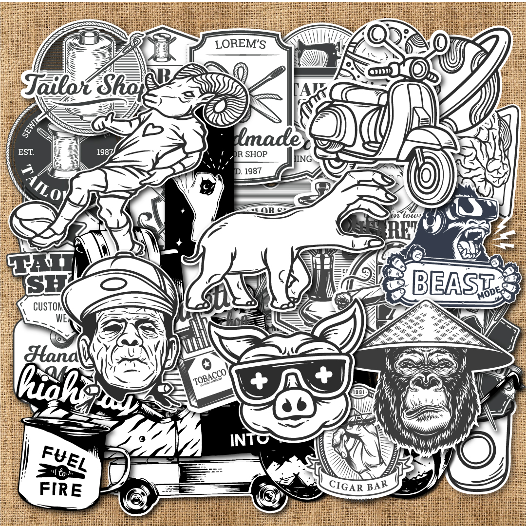 Sticker Trắng đen chống nước dán laptop, điện thoại, đàn guitar, mũ bảo hiểm