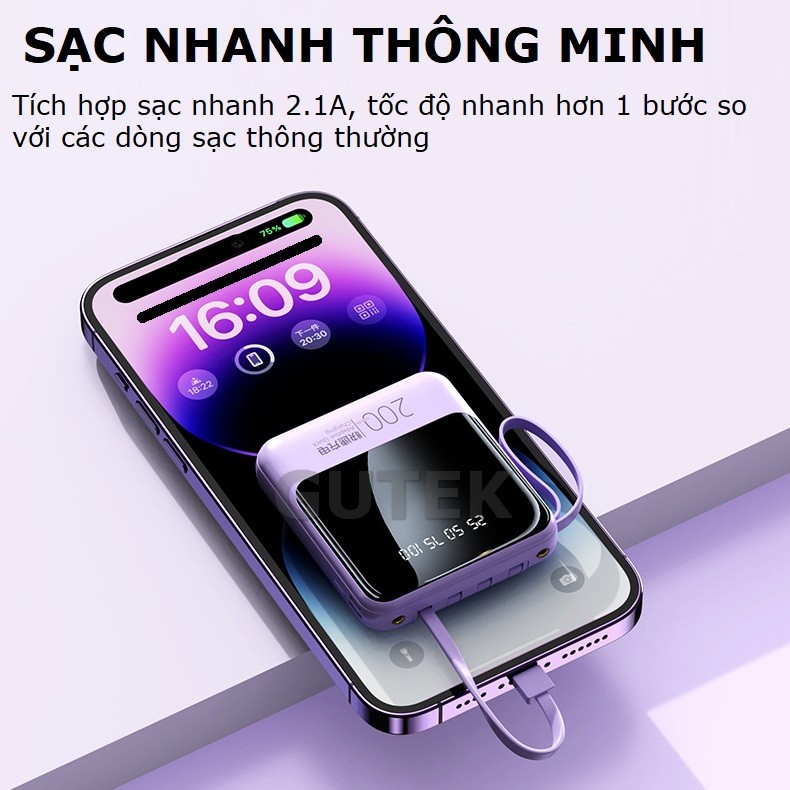 Sạc dự phòng 20000mAh Gutek P301 dung lượng pin lớn tích hợp dây sạc nhanh cho nhiều thiết bị điện thoại