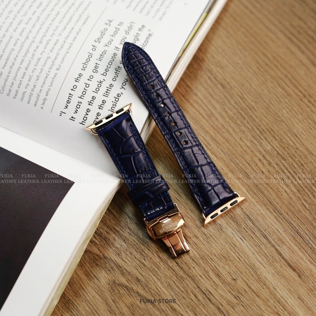 Dây da thủ công cá sấu xanh navy dành cho iwatch, đồng hồ thông minh, đồng hồ cơ fukia ddtc275
