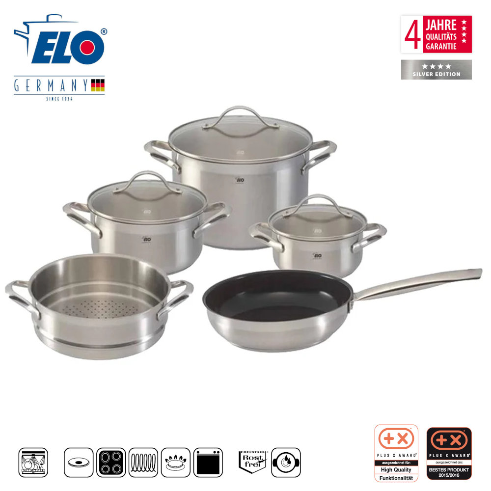 Bộ 3 nồi 1 chảo kèm xửng hấp inox 18/10 elo montana 6048 hàng nhập khẩu đức, bảo hành 2 năm