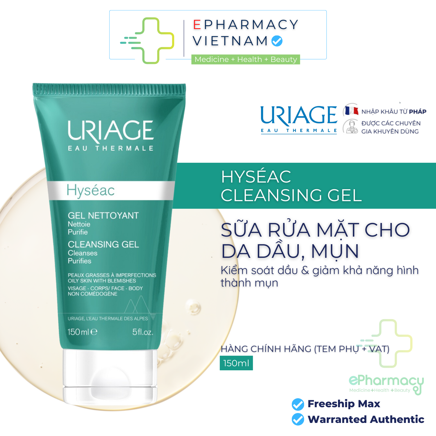 Sữa rửa mặt Uriage Hyseac Gel Nettoyant dạng gel dành cho da dầu mụn, và da hỗn hợp 150ml