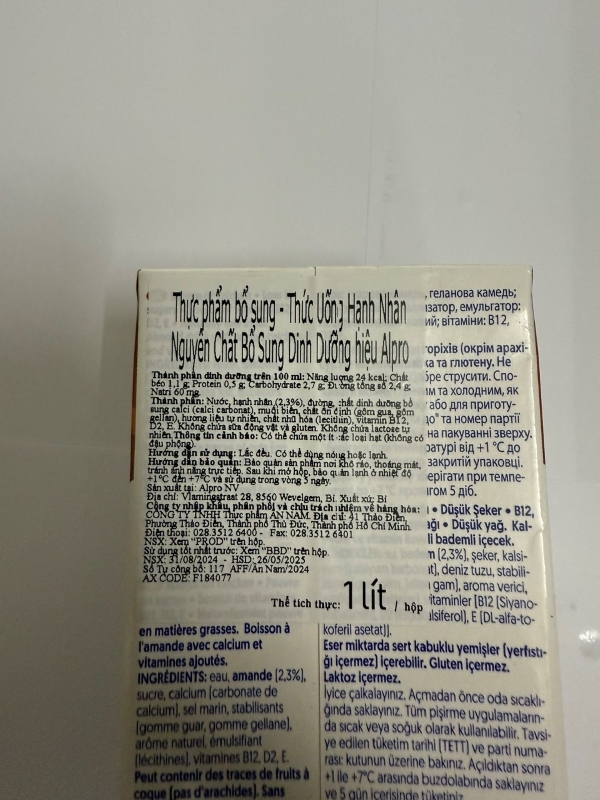 Thức uống hạnh nhân nguyên chất bổ sung dinh dưỡng hiệu Alpro 1L nhập khẩu Bỉ