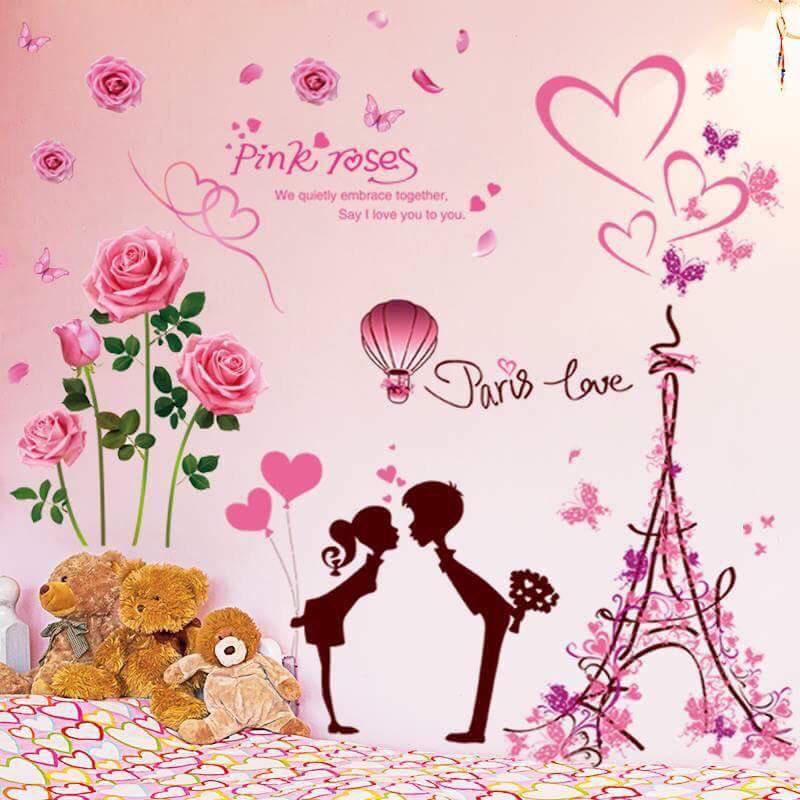 DECAL DÁN TƯỜNG HOA HỒNG PHẤN VÀ CẶP ĐÔI