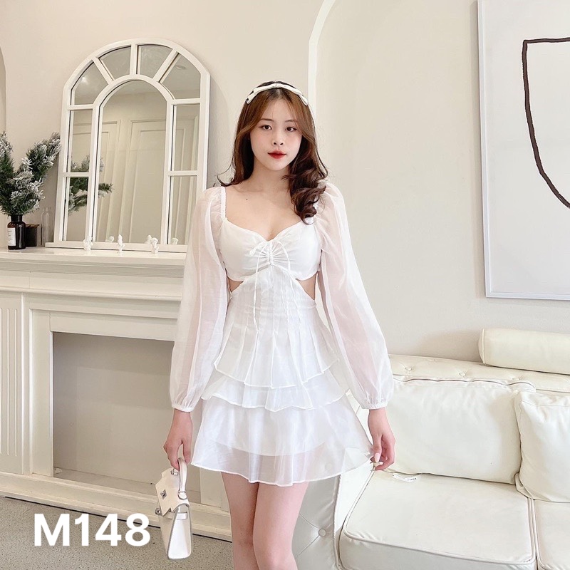 Đầm voan chiffon hở eo kèm dây có mút ngực M148