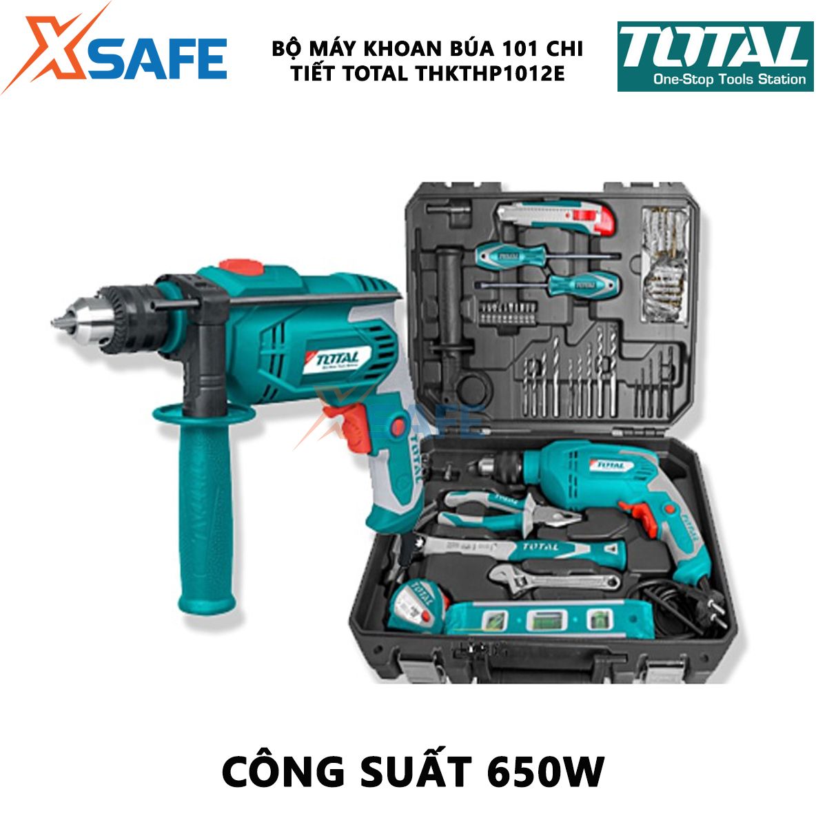 Bộ máy khoan búa 101 món Total THKTHP1012E | Bộ máy khoan búa 101 chi tiết Công suất: 650W Có đảo chiều và điều chỉnh tốc độ dùng để khoan lỗ sâu trên bê tông và các vật liệu cứng
