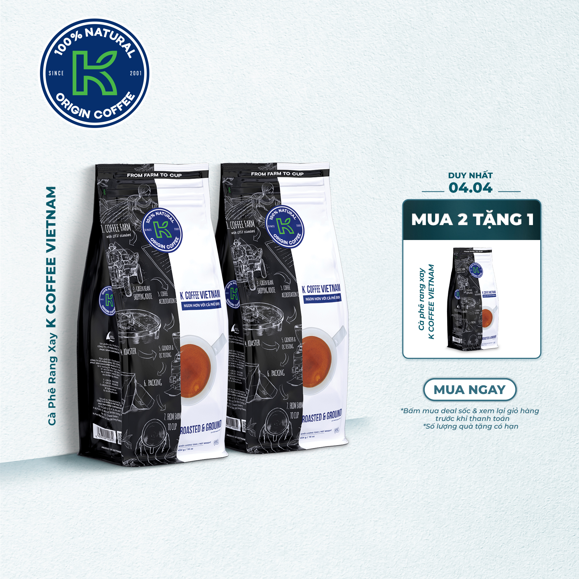 [MUA 3 TẶNG 1] Cà Phê Rang Xay Nguyên Chất K Coffee Vietnam 454g (10% Arabica và 90% Robusta) - Thương Hiệu K COFFEE