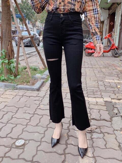 QUẦN JEAN NỮ ỐNG LOE ĐEN RÁCH 2 ĐƯỜNG THỜI TRANG 015