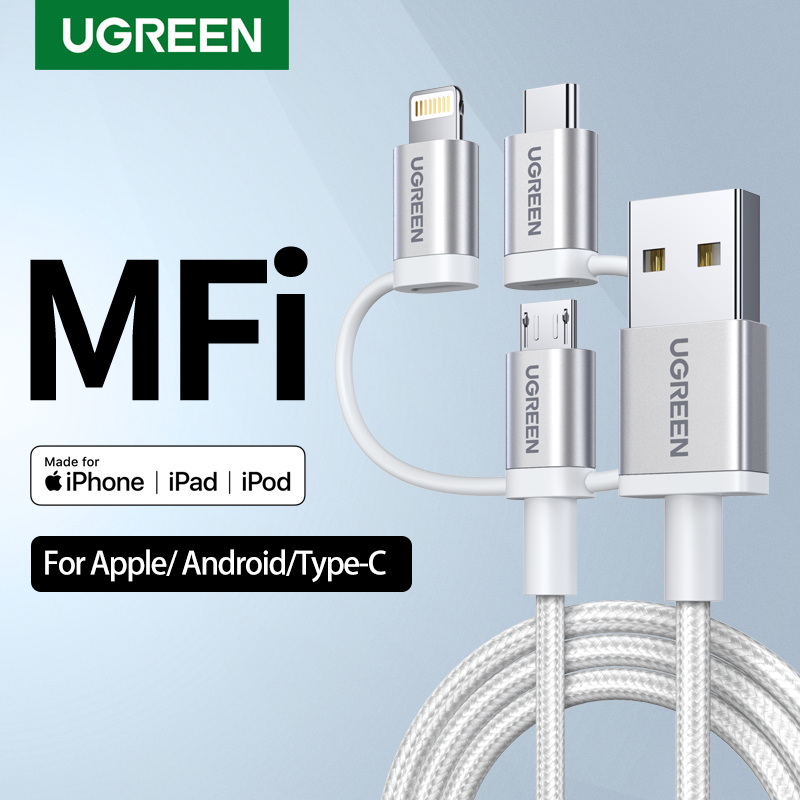 UGREEN 3-IN-1 Fast Charging Cord With Type-C Mirco USB Lightning Apple Cable MFi  for Phone 14 13 Pro Max SAMSUNG S23 Huawei P50 Model: 50203