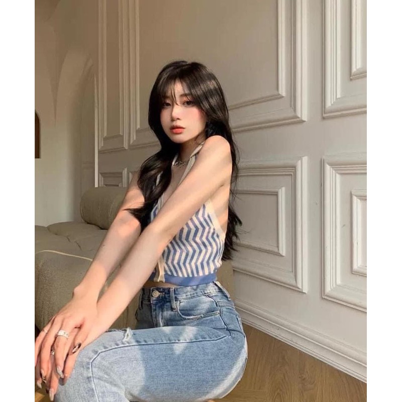 Áo Croptop Nữ Kẻ Sọc 3 Lỗ Cúc Cài